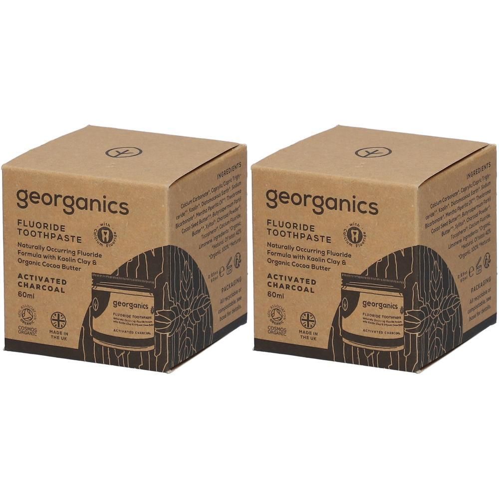 Zwei Kartons Zahnpasta mit Aktivkohle, Marke Georganics, 60ml.