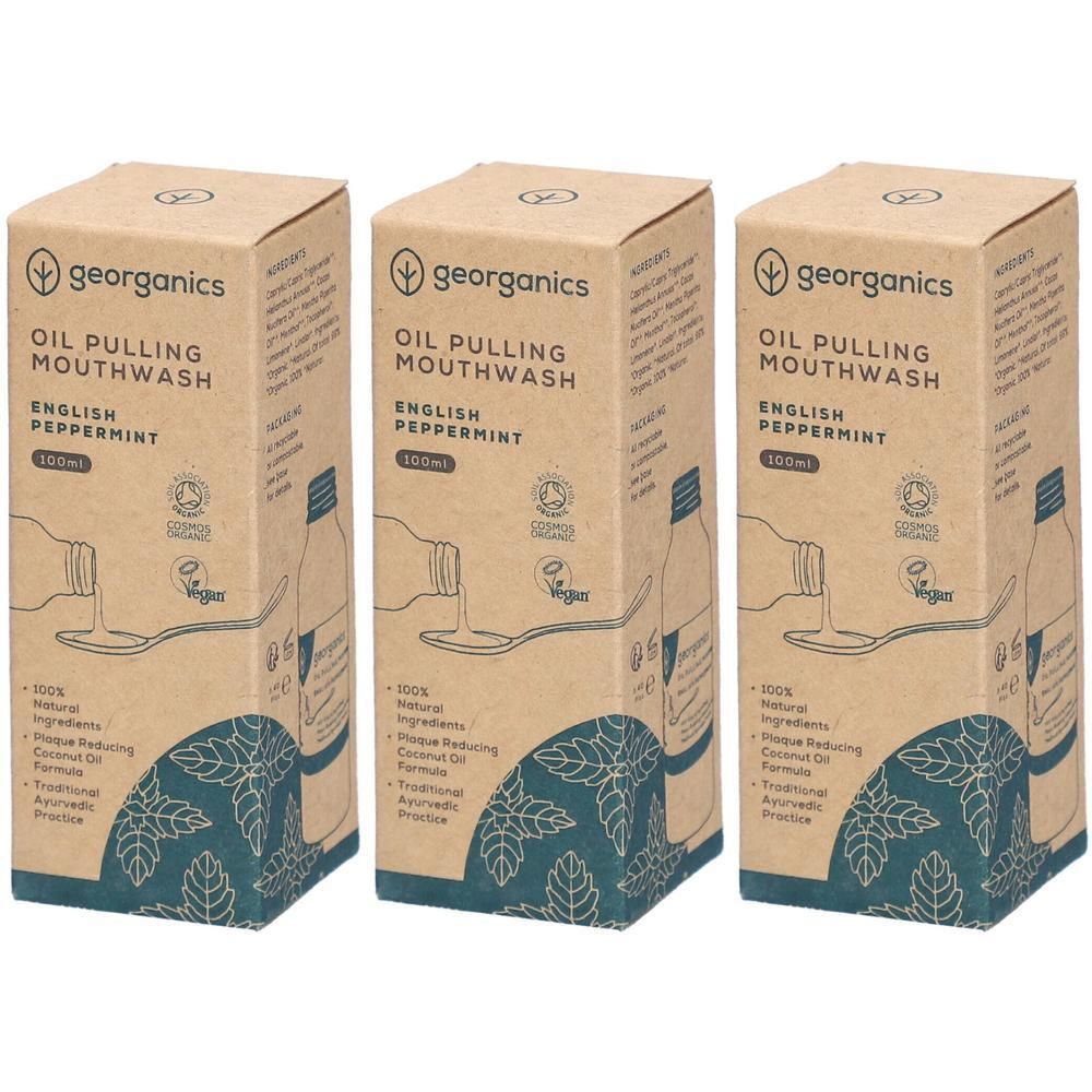 Drei Kartons "Oil Pulling Mouthwash" von georganics, Pfefferminzgeschmack, 100ml.