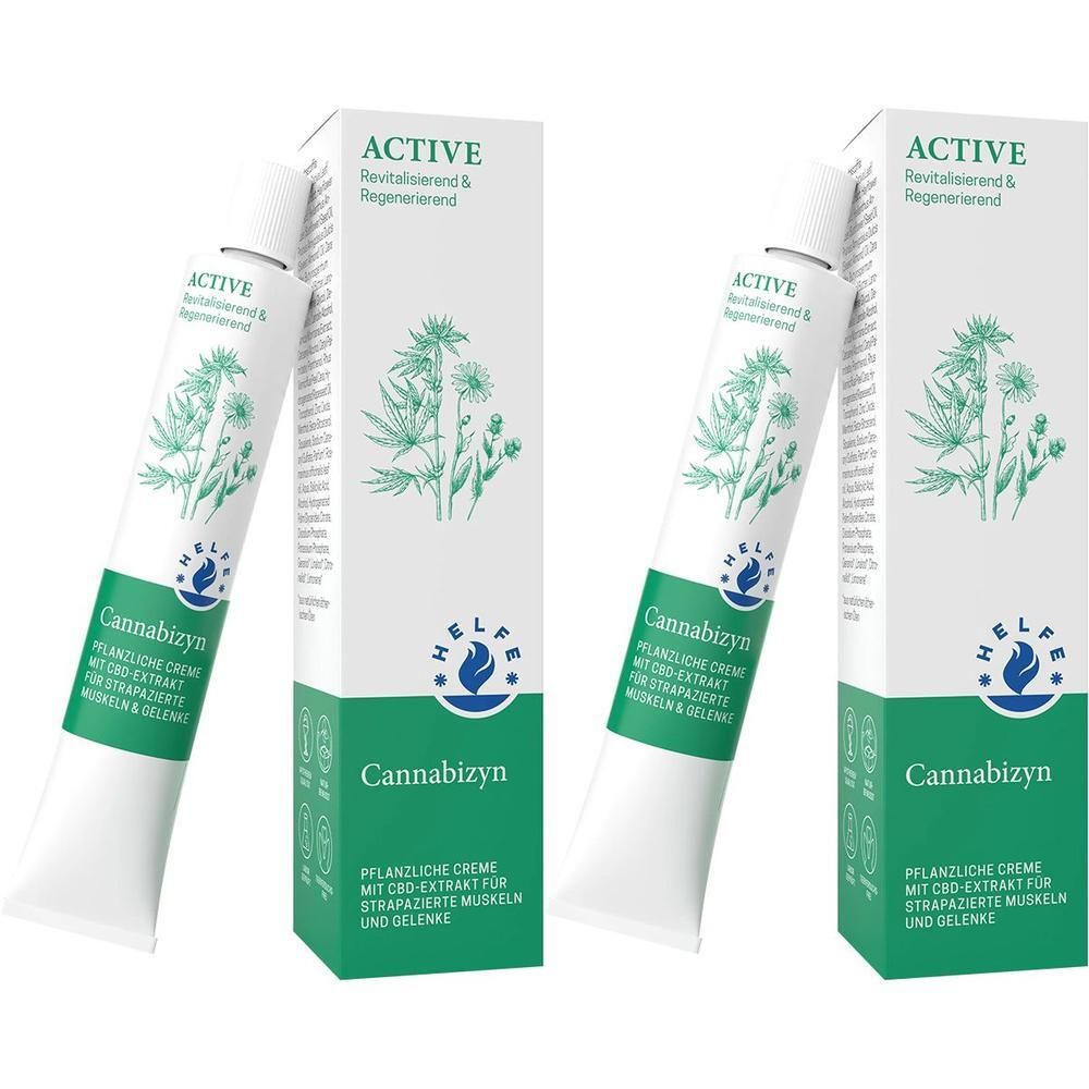 Zwei Tuben und Kartons HELFE Cannabizyn Creme mit Pflanzenabbildung und Logo.