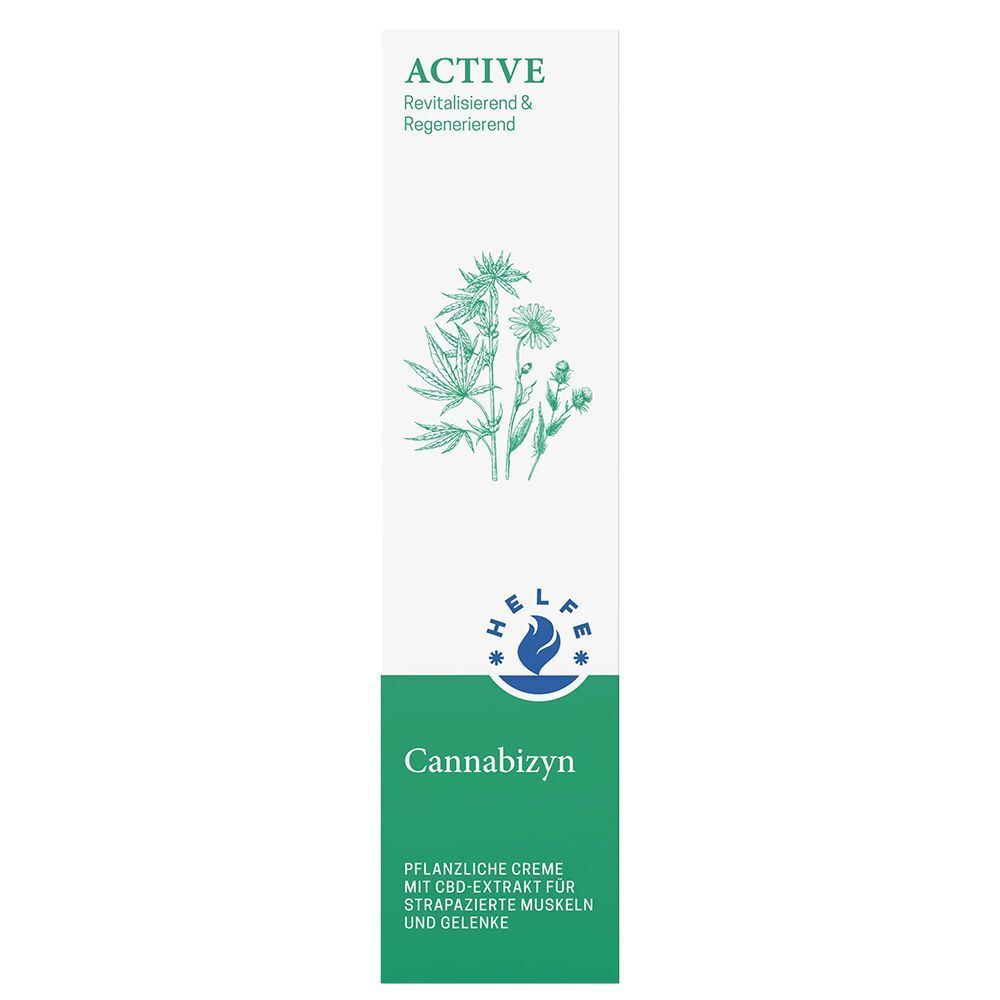 Kartons HELFE Cannabizyn Creme mit Pflanzenabbildung, Logo und Text 'ACTIVE'.
