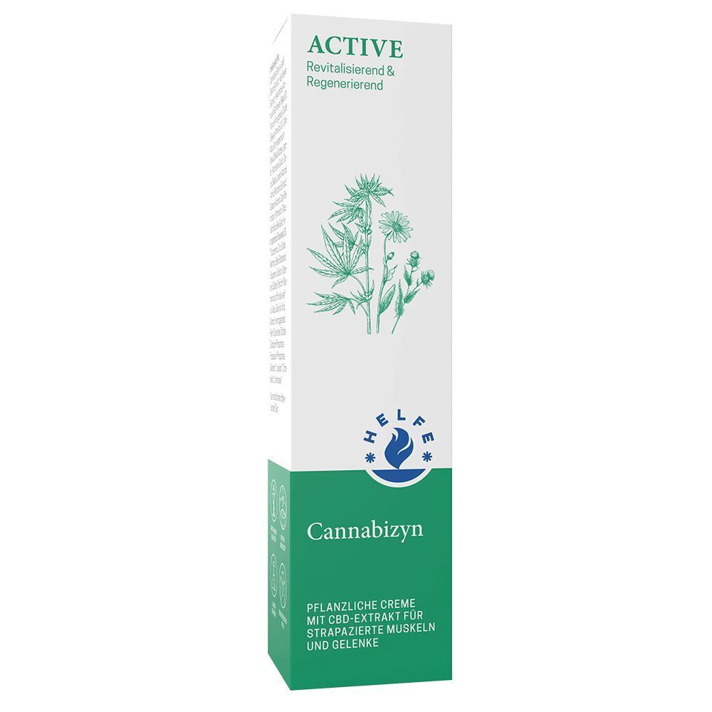Kartons HELFE Cannabizyn Creme mit Pflanzenabbildung, Logo und Text 'ACTIVE'.