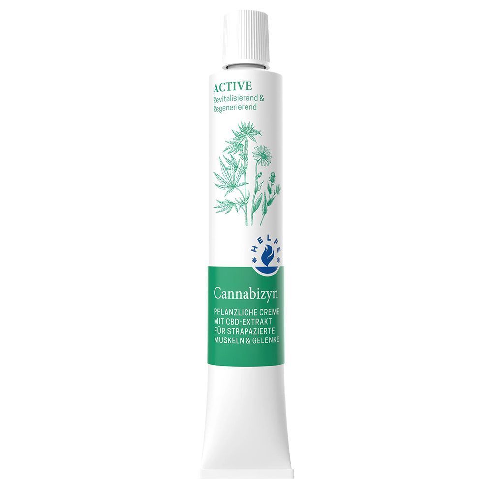 Tuben HELFE Cannabizyn Creme mit Pflanzenabbildung, Logo und Text 'ACTIVE'.