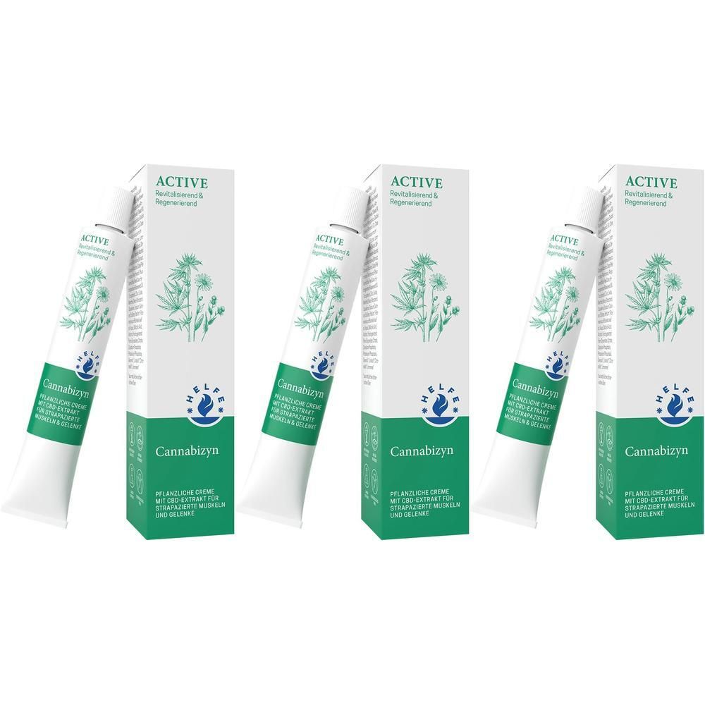 Drei Tuben und Kartons Cannabizyn Creme mit Pflanzenabbildungen und Logo.
