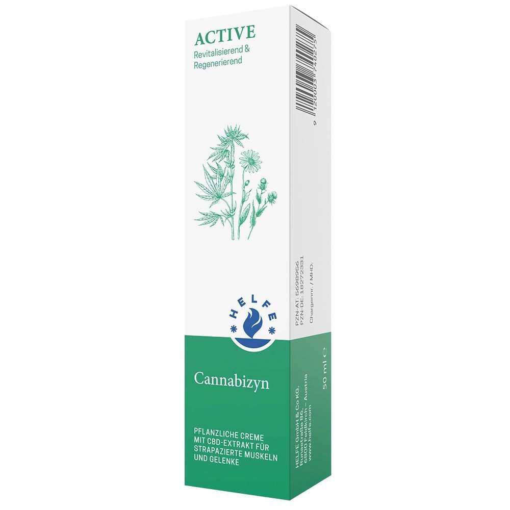 Kartons Cannabizyn Creme mit Pflanzenabbildungen, Logo, Text und Barcode.