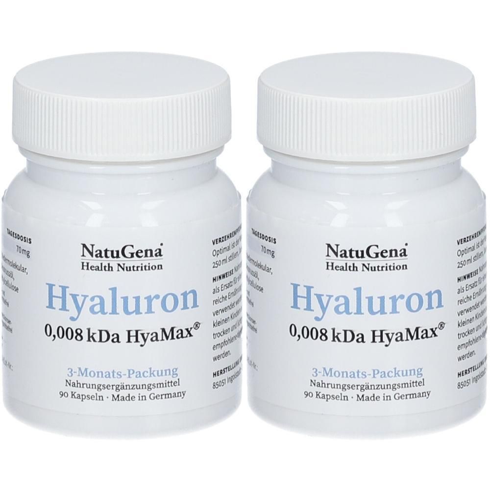 Zwei weiße Flaschen mit Schraubverschluss. Aufschrift: NatuGena Hyaluron, 0,008 kDa HyaMax, 3-Monats-Packung, Nahrungsergänzungsmittel.