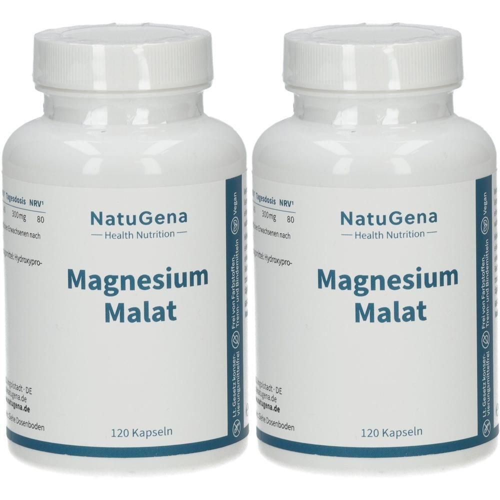 Zwei weiße Flaschen mit Schraubverschluss. Aufschrift: NatuGena Magnesium Malat, 120 Kapseln. Vegan-Logo.