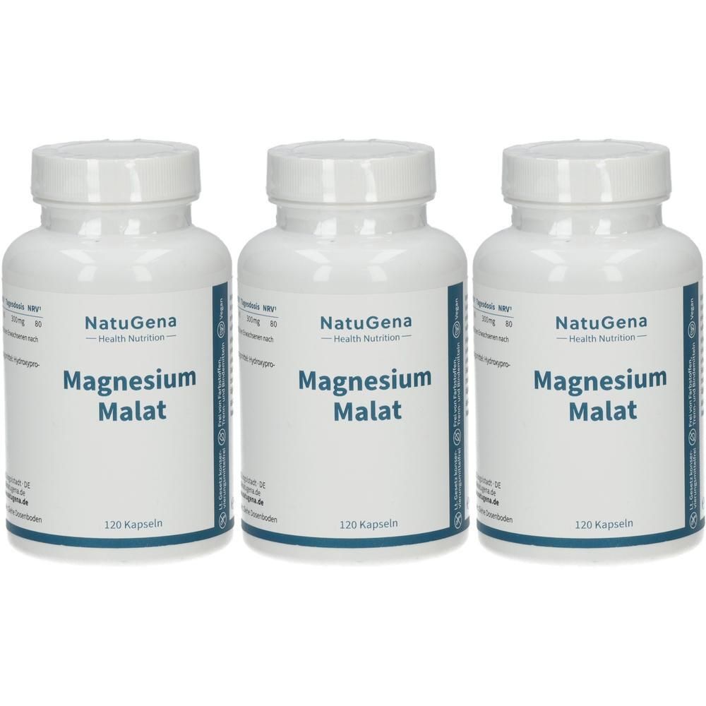 Drei weiße Flaschen mit Schraubverschluss. Auf jeder Flasche steht "NatuGena Magnesium Malat" und "120 Kapseln".