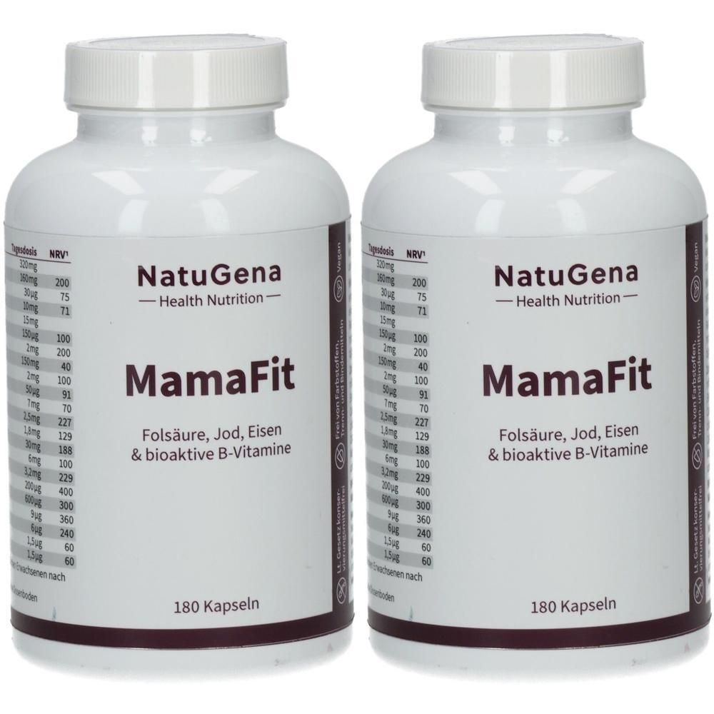Zwei weiße Flaschen mit Schraubverschluss. Aufschrift: NatuGena MamaFit, Folsäure, Jod, Eisen & bioaktive B-Vitamine. 180 Kapseln.
