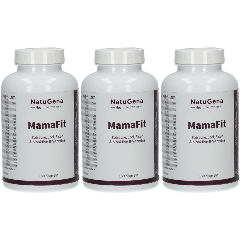 Drei weiße Flaschen mit Deckel. Aufschrift: NatuGena MamaFit. Enthält Folsäure, Jod, Eisen & bioaktive B-Vitamine. Jede Flasche enthält 180 Kapseln.