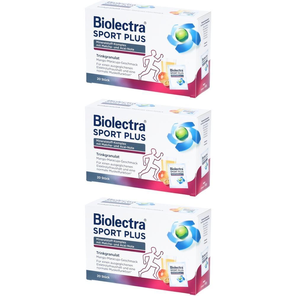 Drei Packungen Biolectra Sport Plus Trinkgranulat. Weiße Kartons mit Logo, Produktname und Abbildung eines Läufers. 20 Sticks.