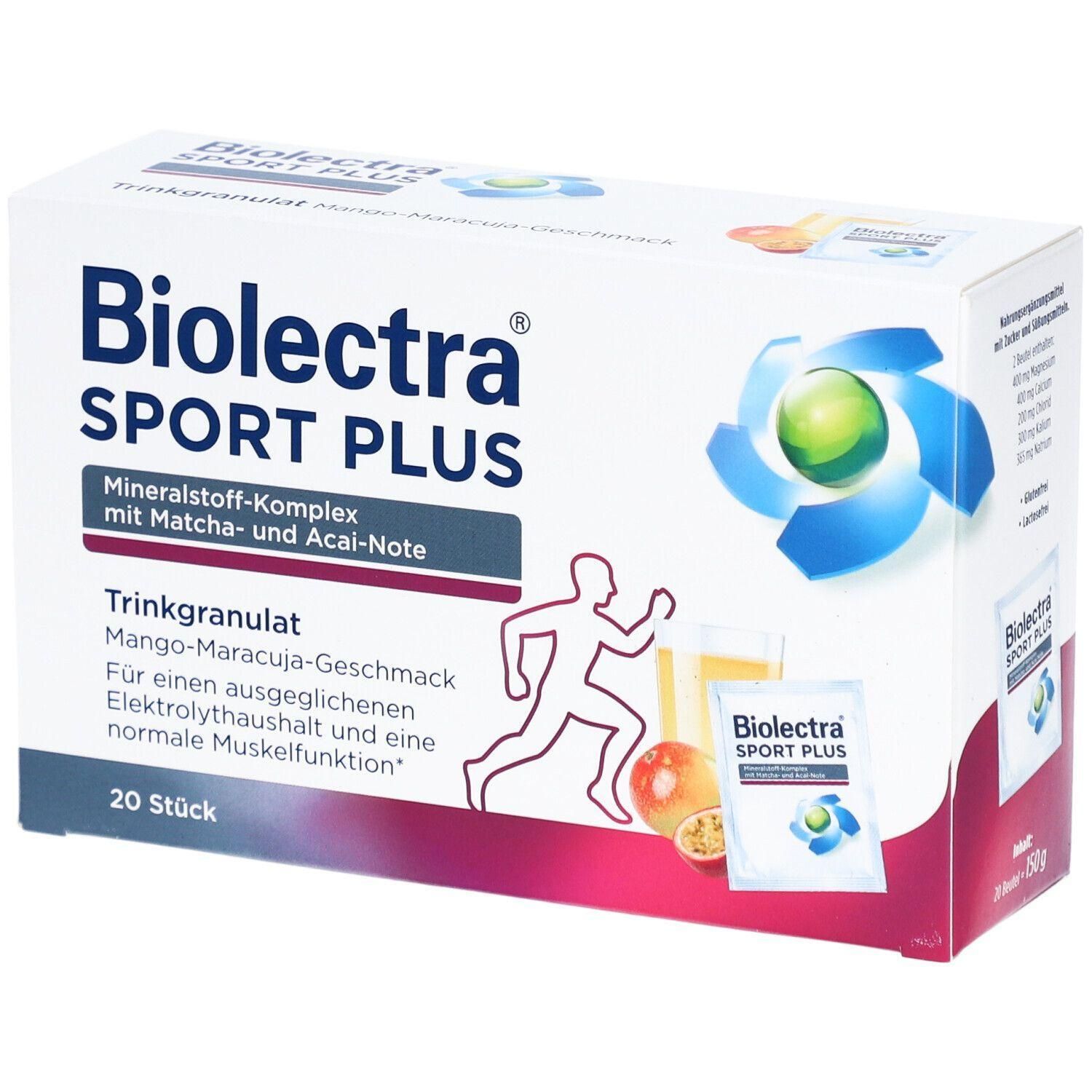Weiße Verpackung mit "Biolectra SPORT PLUS". Enthält Trinkgranulat Mango-Maracuja-Geschmack. 20 Stück. Abbildung eines Läufers und Früchte.