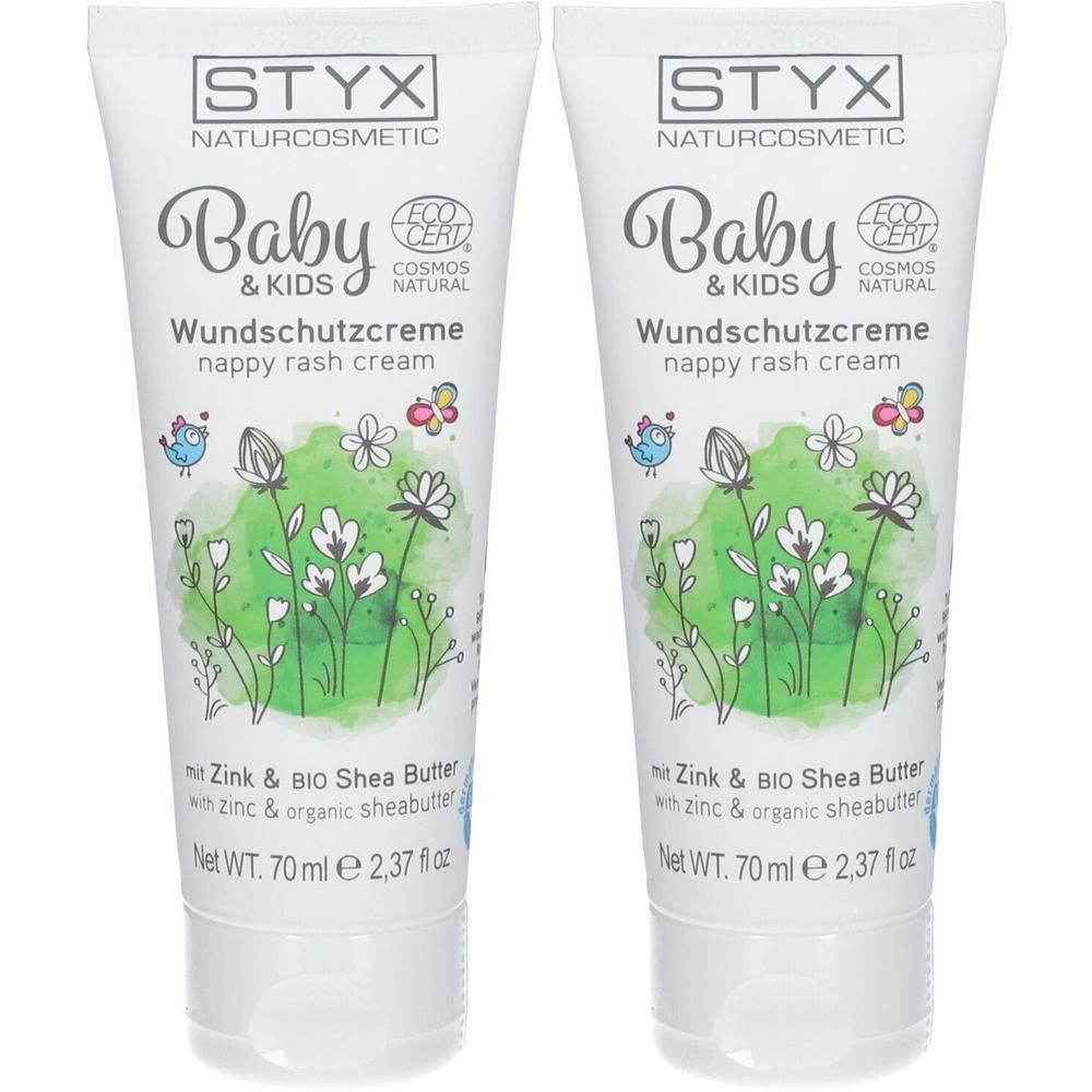Zwei Tuben STYX Baby & Kids Wundschutzcreme mit ECO CERT Siegel. Enthält Zink & BIO Shea Butter.