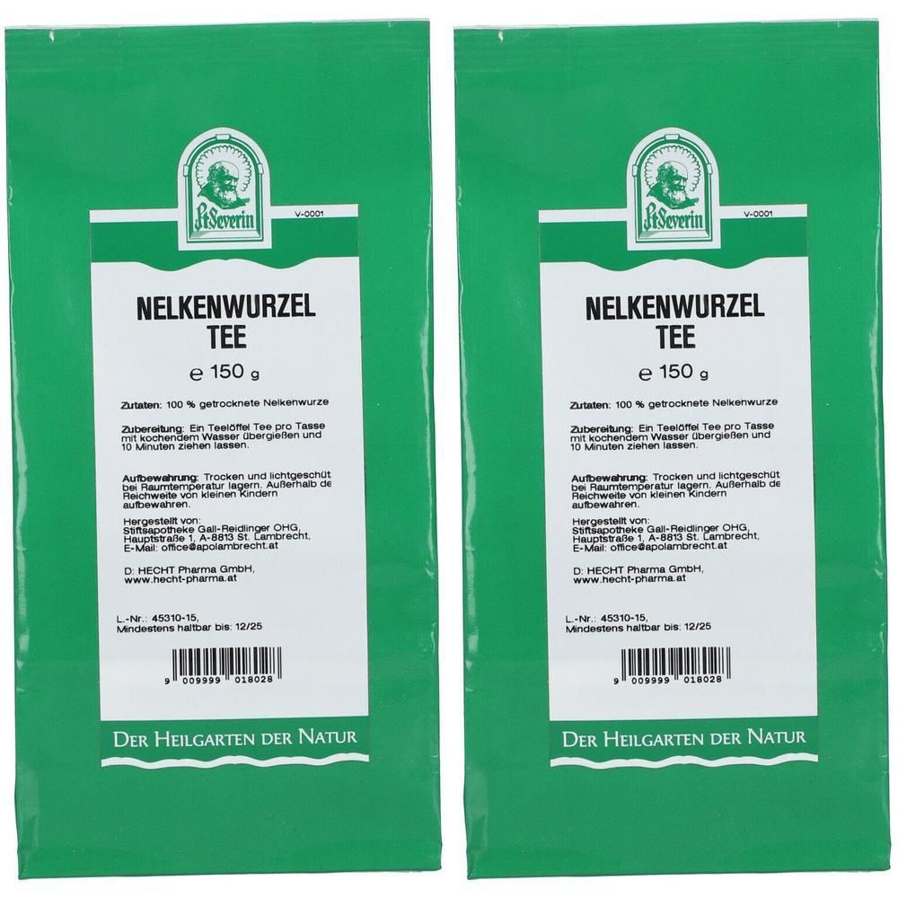 Zwei grüne Beutel mit Nelkenwurzel Tee. Aufschrift: St. Severin, Nelkenwurzel Tee, e 150 g. Untere Aufschrift: Der Heilgarten der Natur.