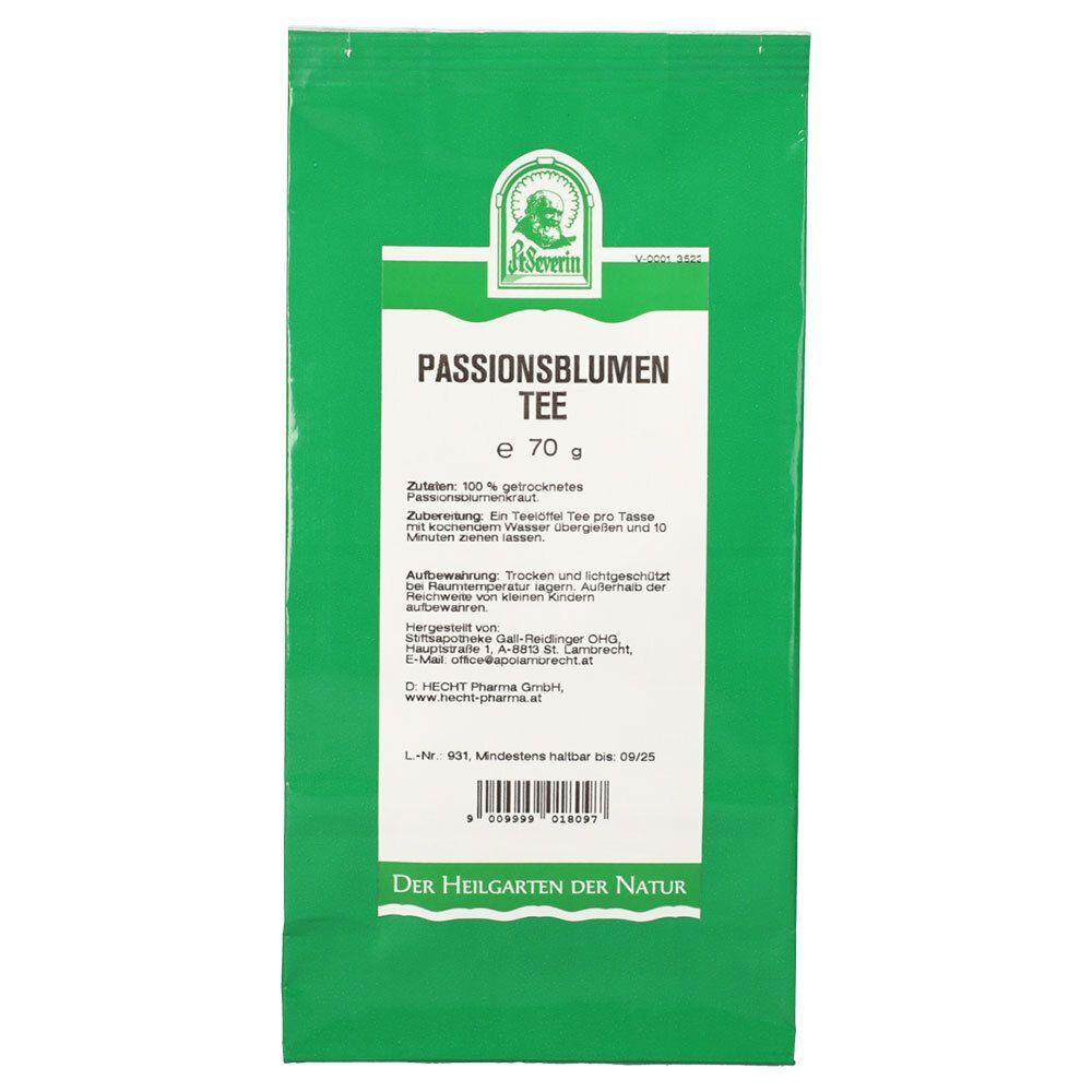 Grüner Beutel mit Aufschrift 'Passionsblumen Tee'. Oben Logo, unten Text 'Der Heilgarten der Natur'.