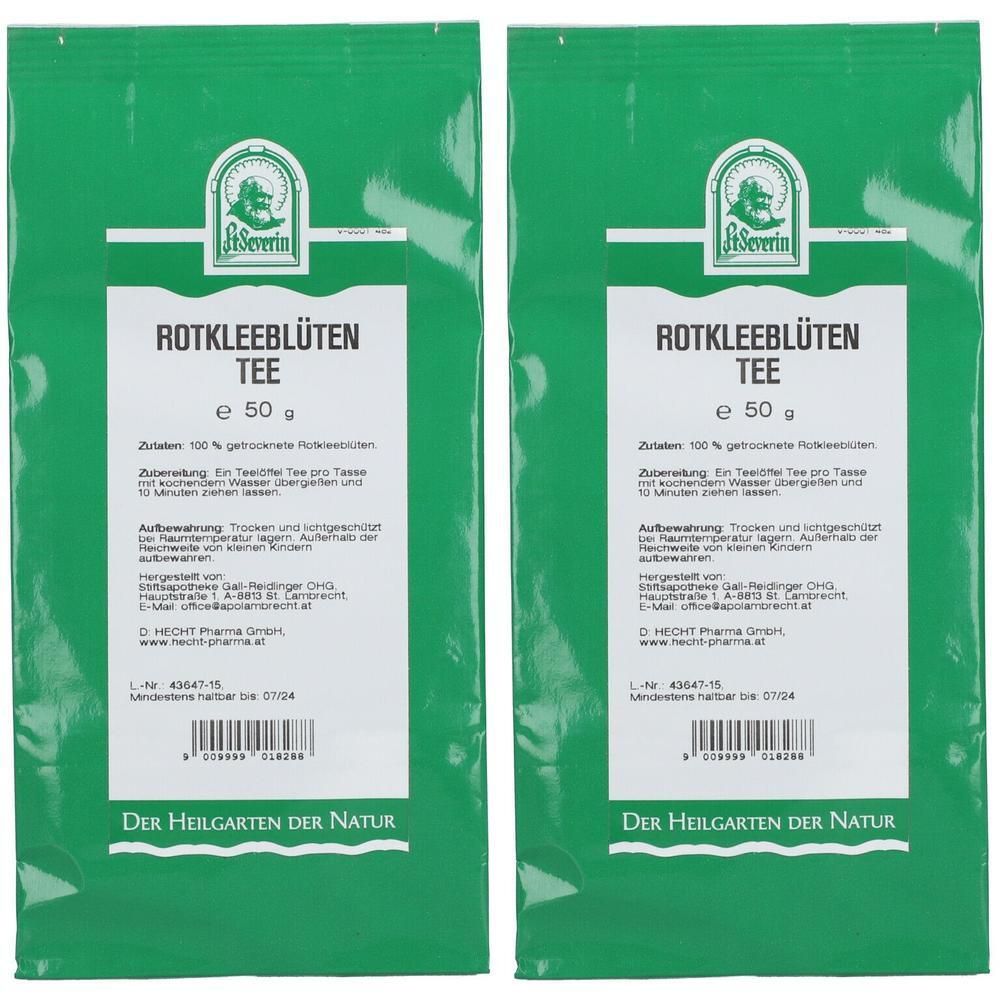 Zwei grüne Beutel mit weißem Etikett. Aufschrift: Rotkleeblüten Tee, e 50 g. Logo: Severin. Text: Der Heilgarten der Natur.