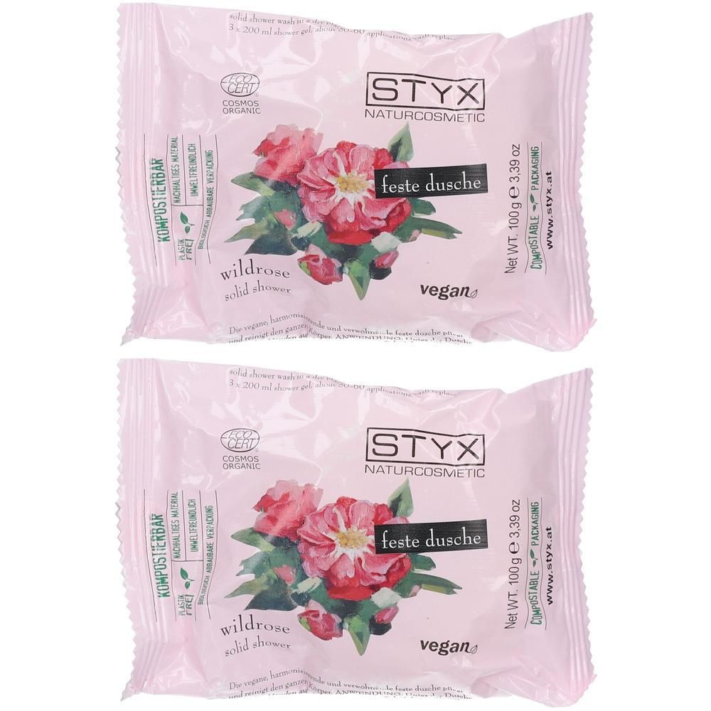 Zwei feste Duschstücke von STYX Naturcosmetic mit Wildrosen-Motiv, je 100g.