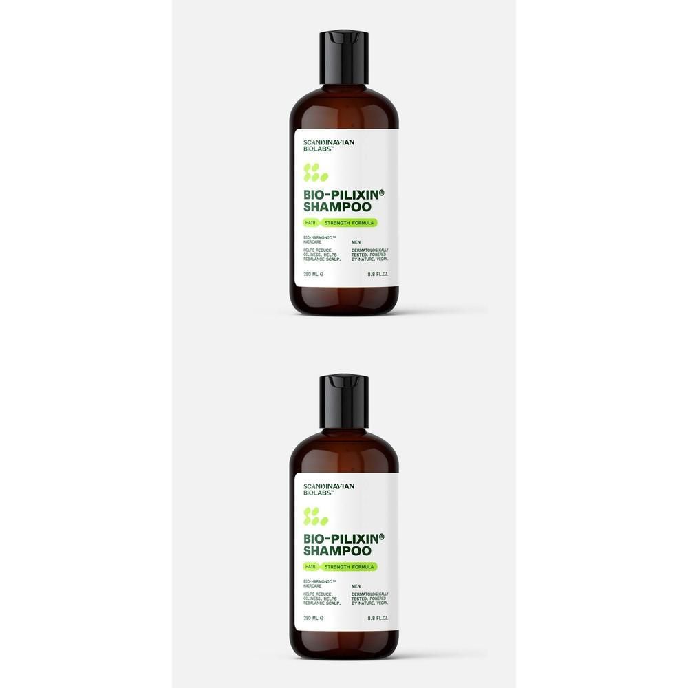Zwei braune Flaschen mit schwarzem Deckel. Etikett mit grünem Text: BIO-PILIXIN Shampoo. Scandinavian Biolabs.