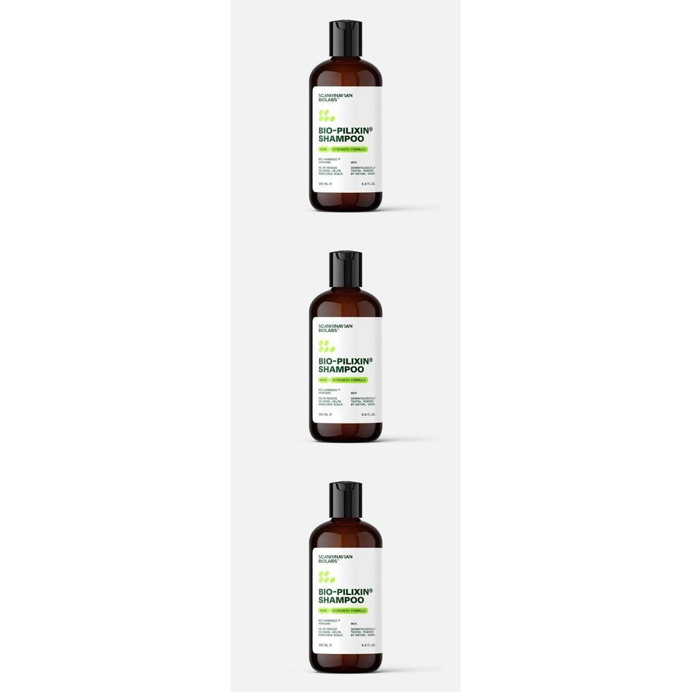 Drei braune Flaschen Bio Pilixin Shampoo mit schwarzen Verschlüssen, nebeneinander auf weißem Hintergrund.