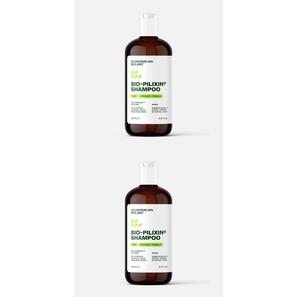 Braune Flasche mit weißem Etikett. Aufschrift: BIO-PILIXIN Shampoo. Grünes Logo. Weißer Deckel. Aufschrift: Scandinavian Biolabs.