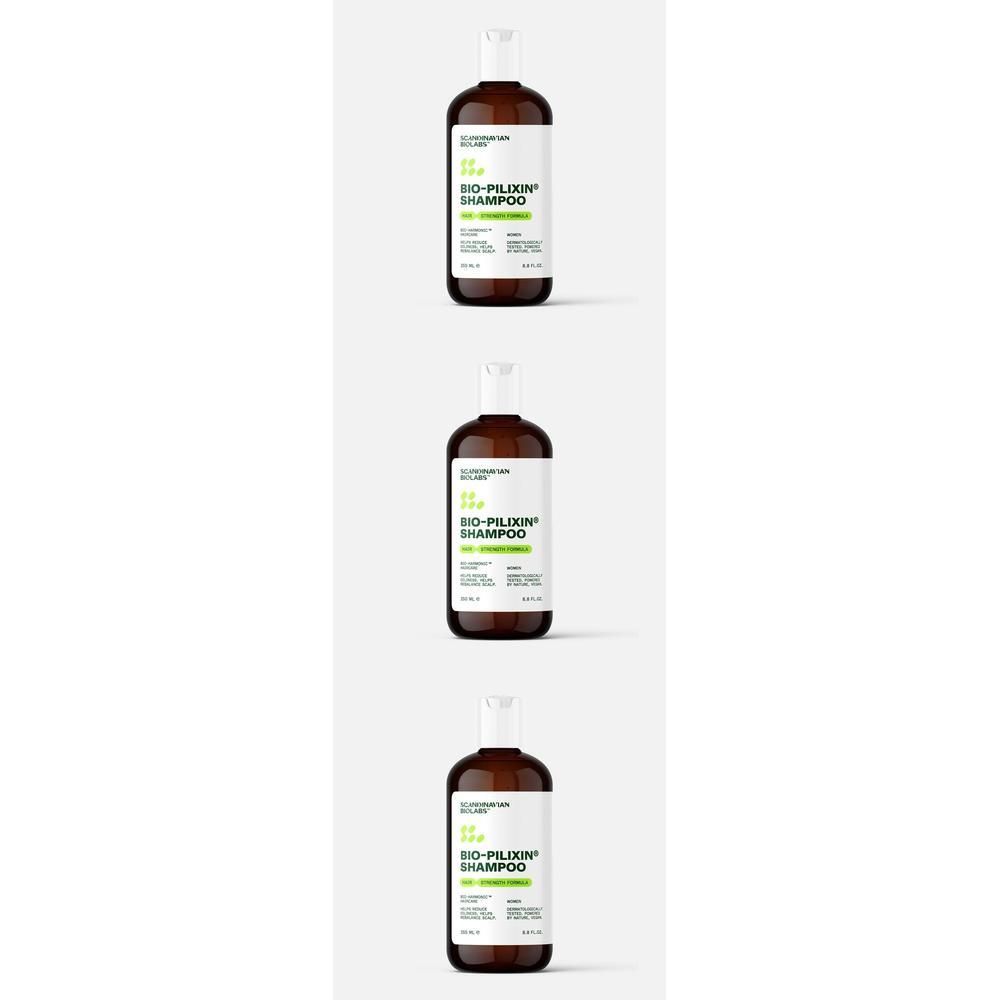 Drei braune Flaschen mit weißem Deckel. Etikett mit grünem Text. Produktname: Bio-Pilixin Shampoo.