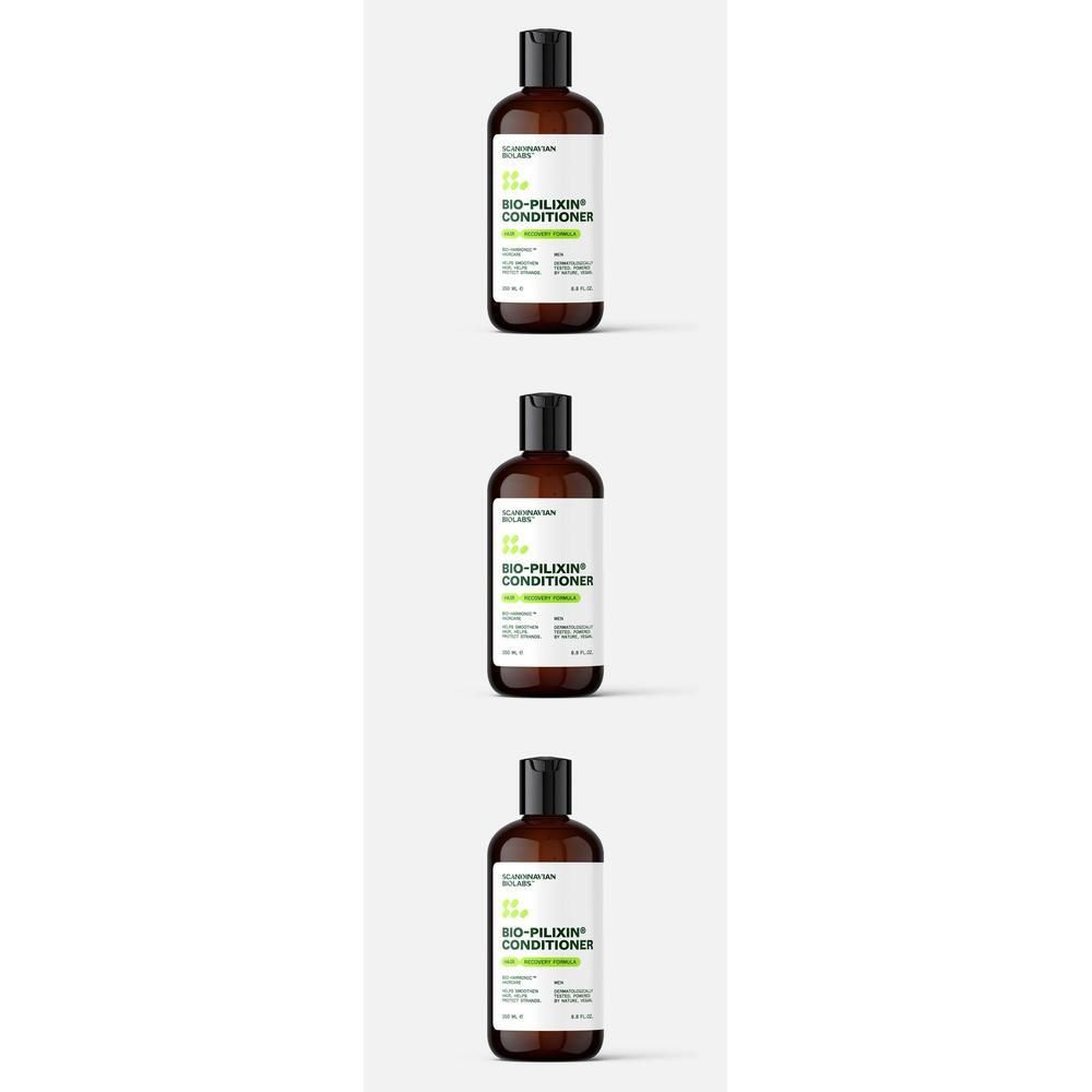 Drei braune Flaschen mit schwarzem Deckel. Etikett mit grünem Text: BIO-PILIXIN® CONDITIONER. Marke: Scandinavian Biolabs.