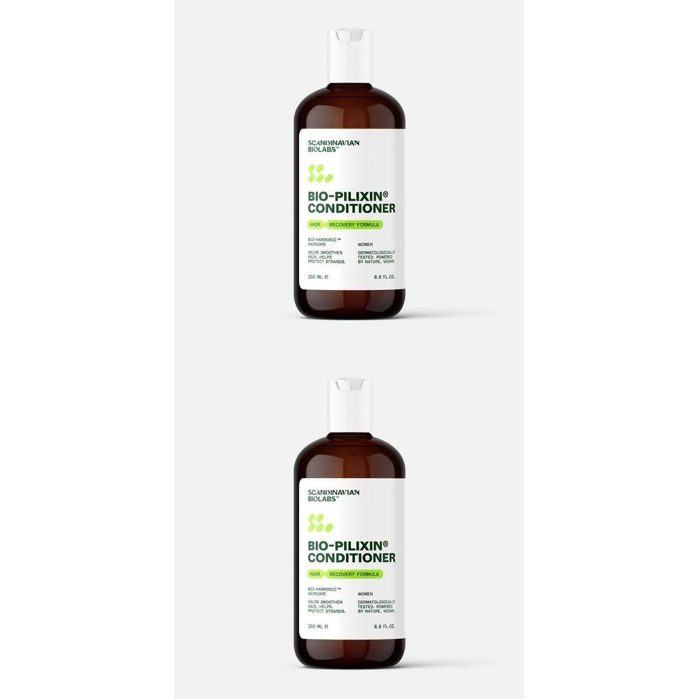 Zwei Flaschen Bio-Pilixin Conditioner. Braune Flaschen mit weißem Etikett und Schriftzug. Weiße Verschlusskappe.