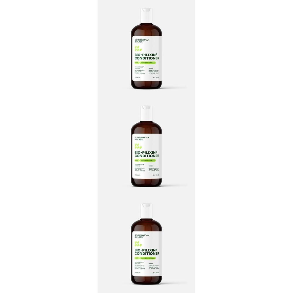 Drei braune Flaschen Bio Pilixin Conditioner mit weißem Etikett.