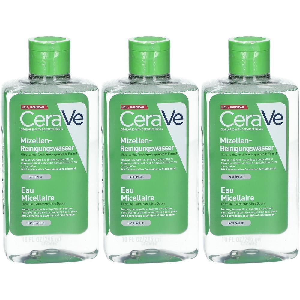 Drei Flaschen CeraVe Mizellen Reiniger mit grünen Verschlüssen.
