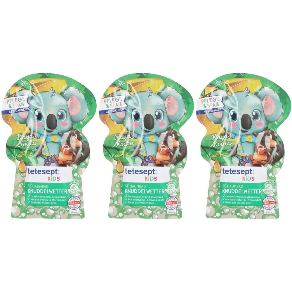 Drei tetesept Kids Schaumbad Knuddelwetter Beutel mit Koala-Motiv. Pflegt und duftet.