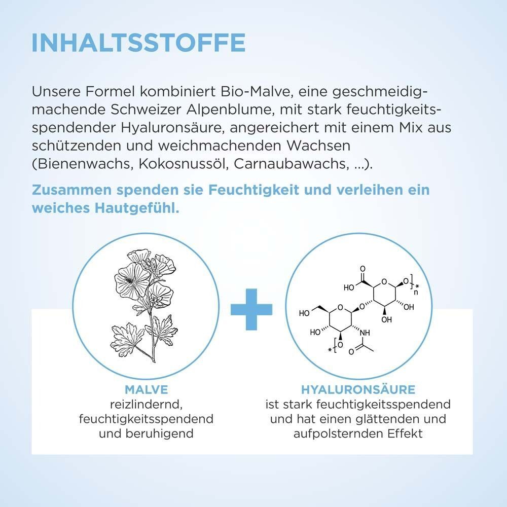 Inhaltsstoffe: Malve (reizlindernd) und Hyaluronsäure (feuchtigkeitsspendend).
