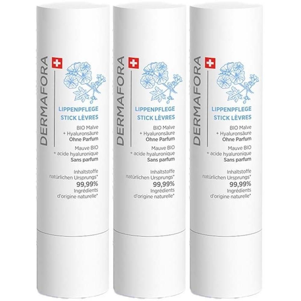 Drei weiße Stifte DERMAFORA Lippenpflege Stick Lippenbalsam mit blauer Blüte und Text.