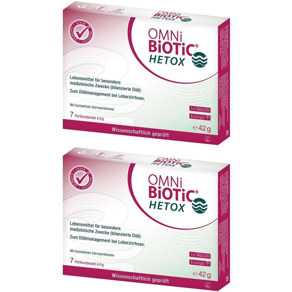 Zwei Packungen OMNi BiOTiC HETOX. Weiße Schachteln mit roter Schrift und Logo. Enthält 7 Portionen. Aufschrift: Wissenschaftlich geprüft.