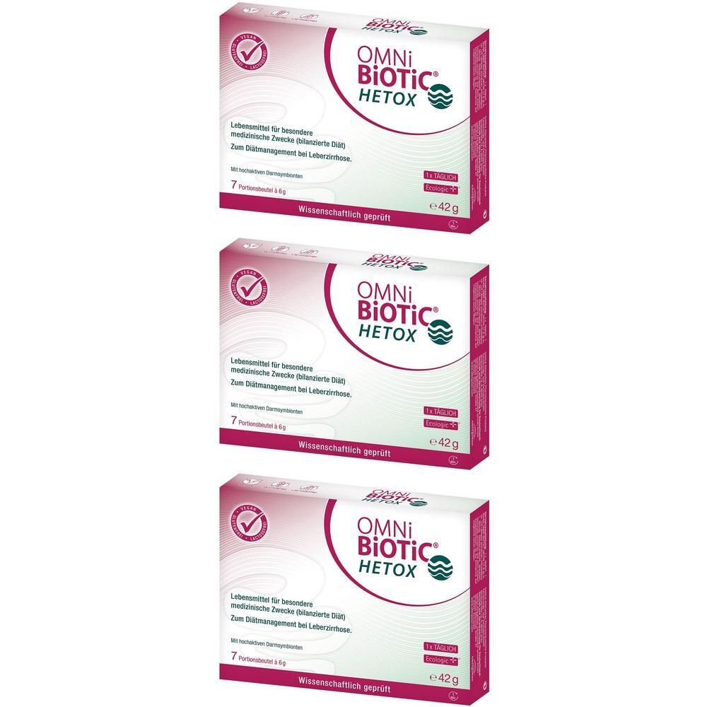 Drei Packungen OMNi BiOTiC Hetox. Weiße Schachteln mit roter und grüner Schrift. Jede Schachtel enthält 7 Beutel und wiegt 42 g.