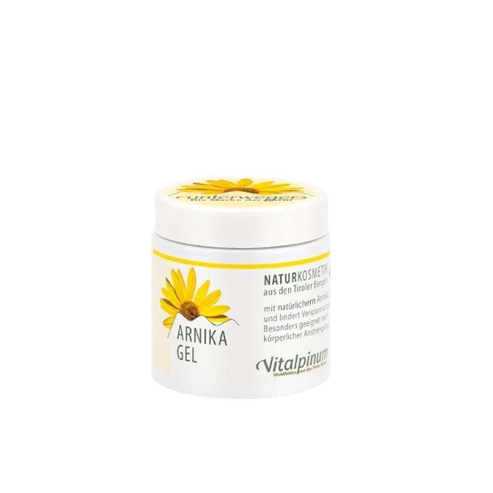 Weißes Tiegel mit gelbem Deckel und Etikett. Aufschrift: ARNIKA GEL, Naturkosmetik, Vitalpinum. Abbildung einer gelben Blüte.
