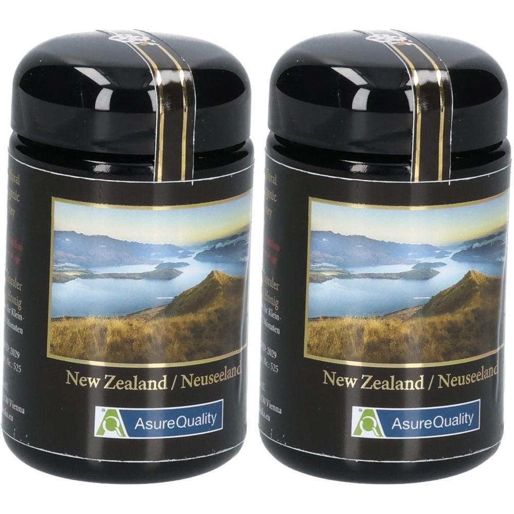 Zwei schwarze Gläser mit Deckel. Etikett mit Landschaftsbild und Text: New Zealand/Neuseeland. AsureQuality-Logo.