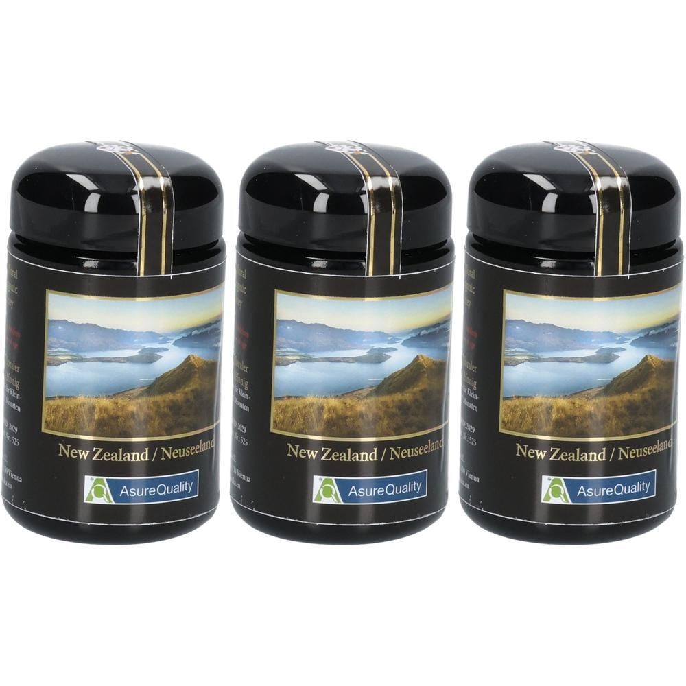 Drei schwarze Gläser mit Honig. Etikett mit Landschaftsbild und Text: New Zealand/Neuseeland, AsureQuality.
