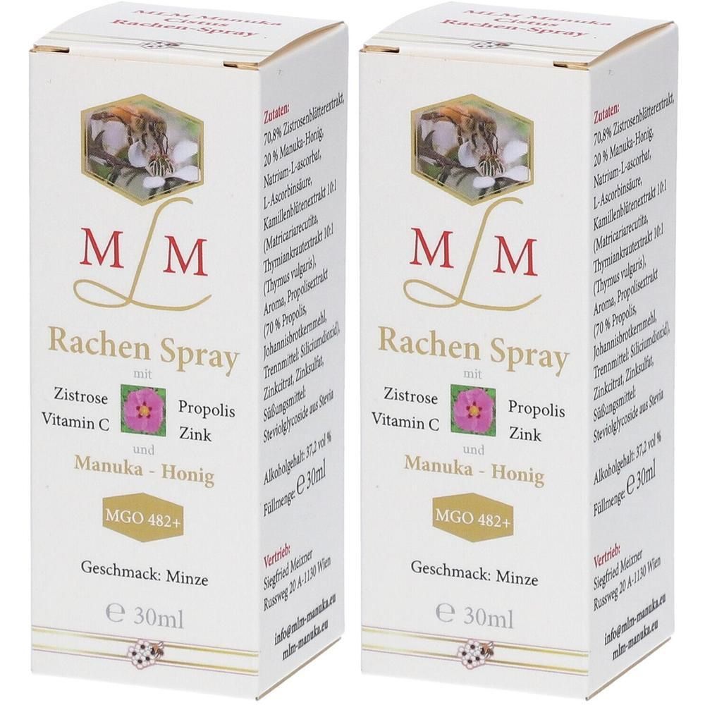 Zwei weiße Kartons mit Produktinformationen. Aufschrift: MLM Rachen Spray mit Zistrose, Vitamin C, Propolis, Zink und Manuka-Honig. Geschmack: Minze.