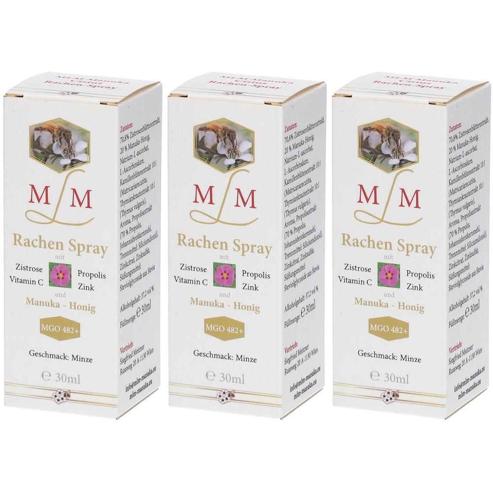 Drei weiße Kartons mit Produktaufdruck. Aufschrift: Rachen Spray, Zistrose, Vitamin C, Propolis, Zink, Manuka-Honig. Geschmack: Minze. 30ml.