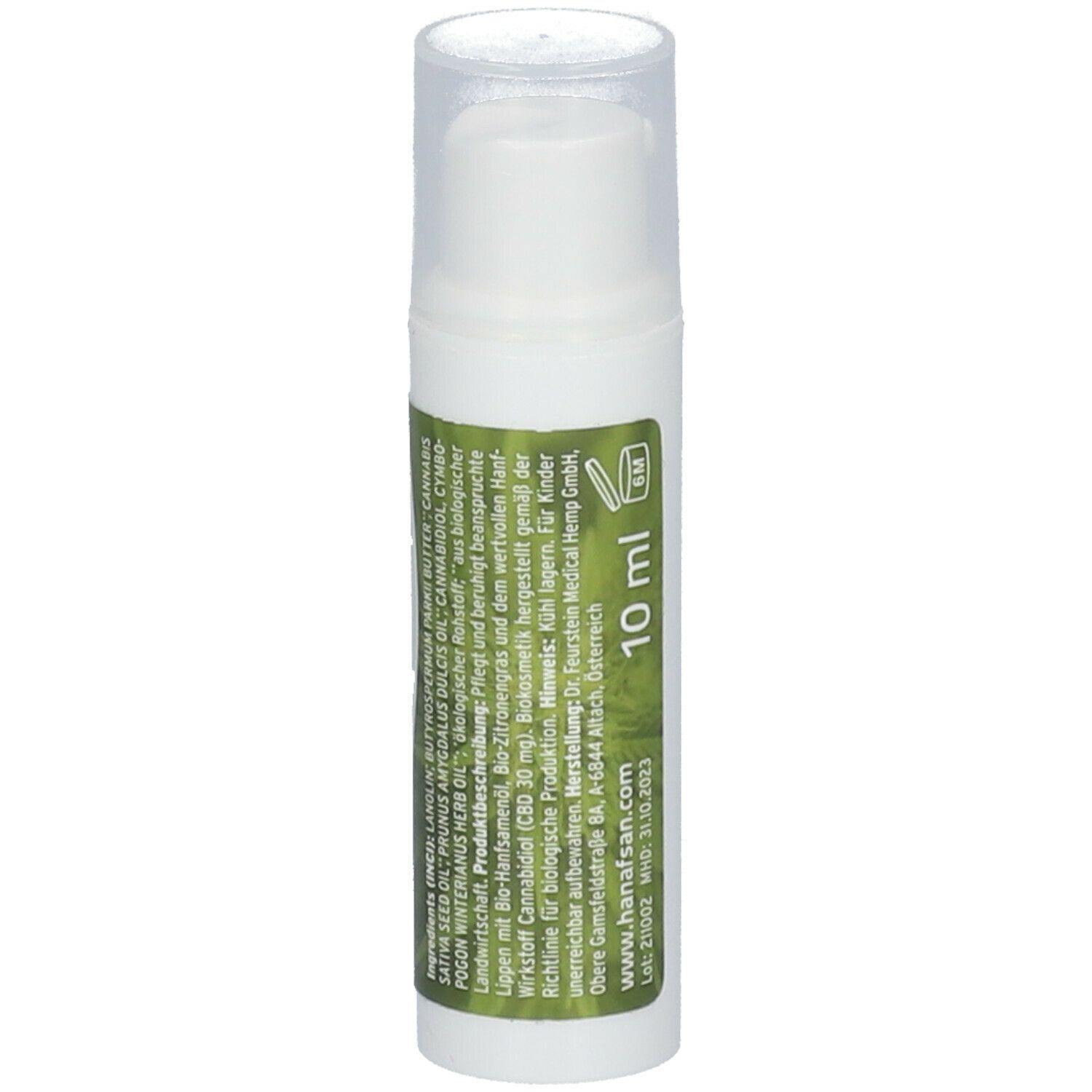 Rückseite eines weißen Spenders für Lippenpflege mit Inhaltsangaben und 10 ml Angabe.