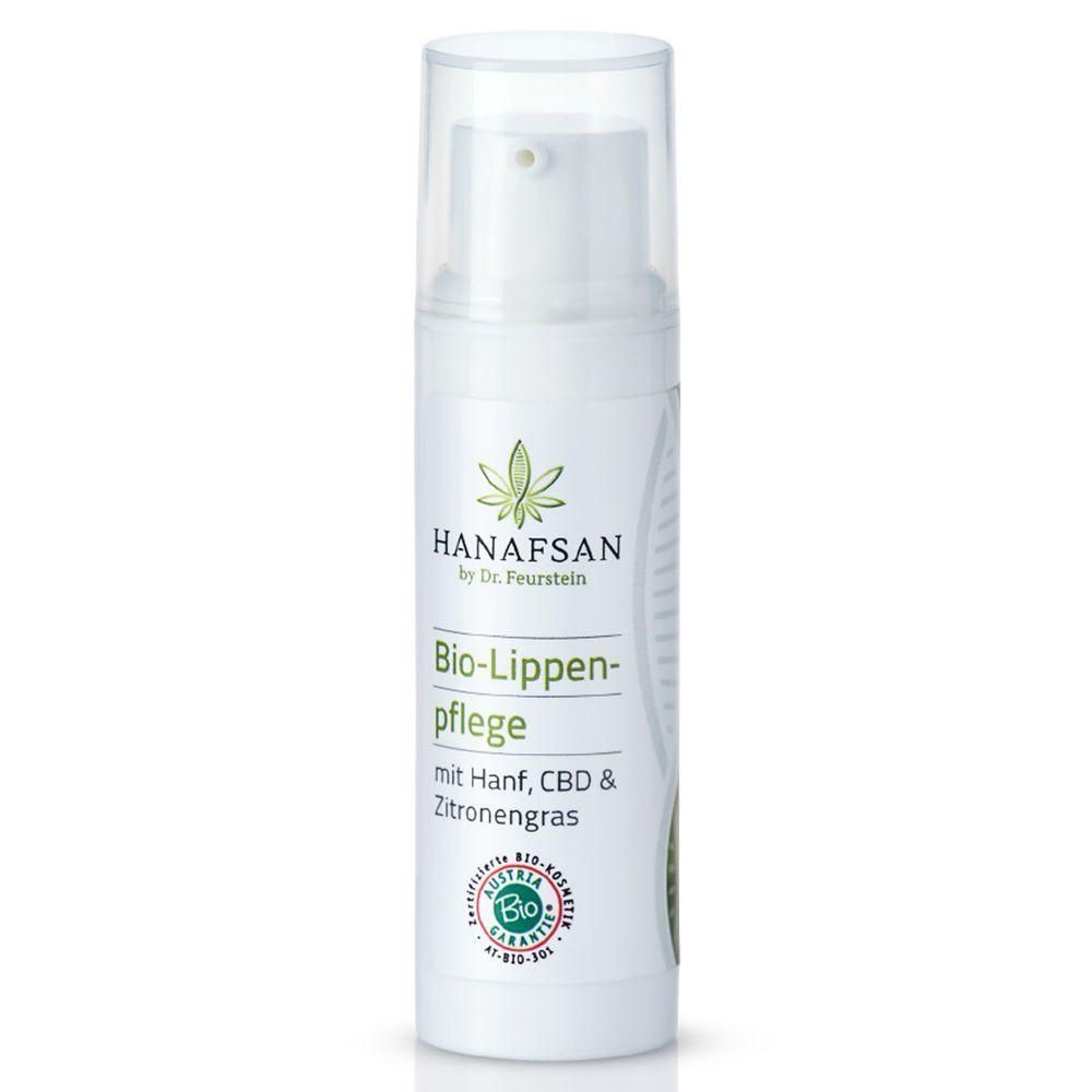 Weiße Flasche mit Sprühkopf. Aufschrift: Hanafsan Bio-Lippenpflege mit Hanf, CBD & Zitronengras. Bio-Siegel.