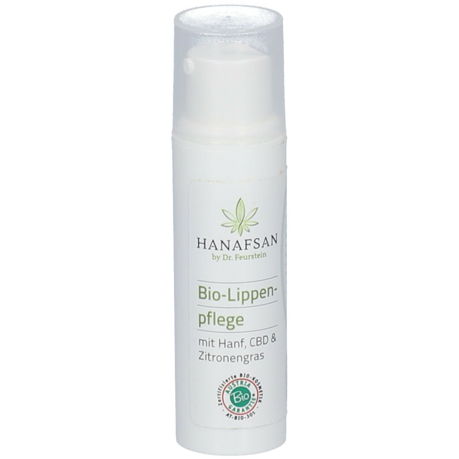 Weiße Flasche mit Sprühkopf. Aufschrift: Hanafsan Bio-Lippenpflege mit Hanf, CBD & Zitronengras. Bio-Siegel.