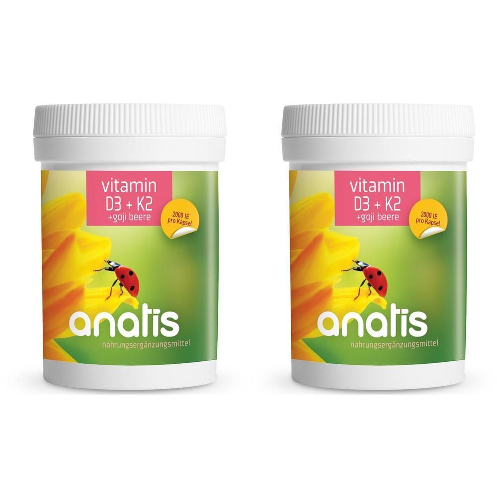 Zwei weiße Dosen mit Deckel. Auf jeder Dose: Etikett mit „Vitamin D3 + K2“, „anatis“ und einem Marienkäfer auf einer Blume.
