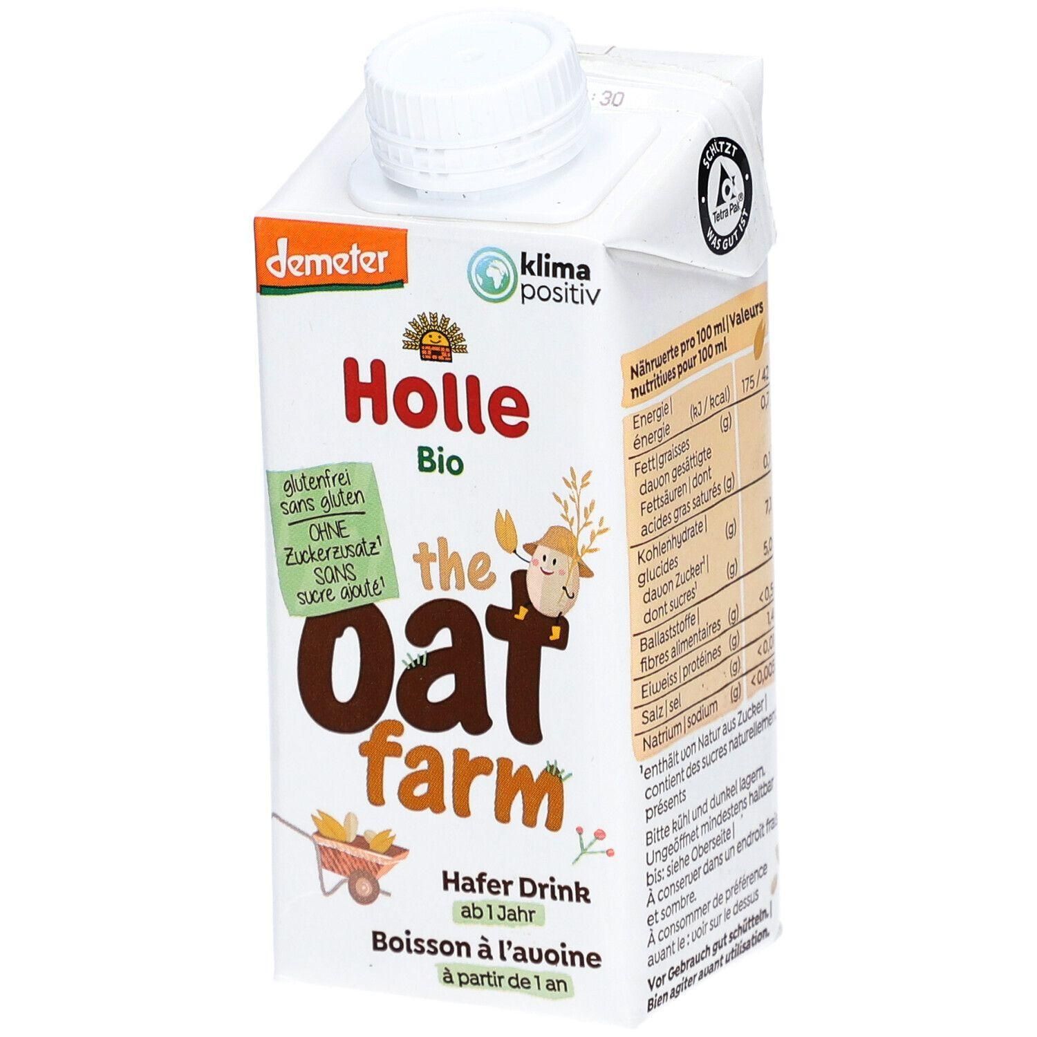 Tetrapack mit Holle Bio-Haferdrink. Aufschrift: glutenfrei, ohne Zuckerzusatz. Mit Demeter-Logo und Klimapositive-Siegel.