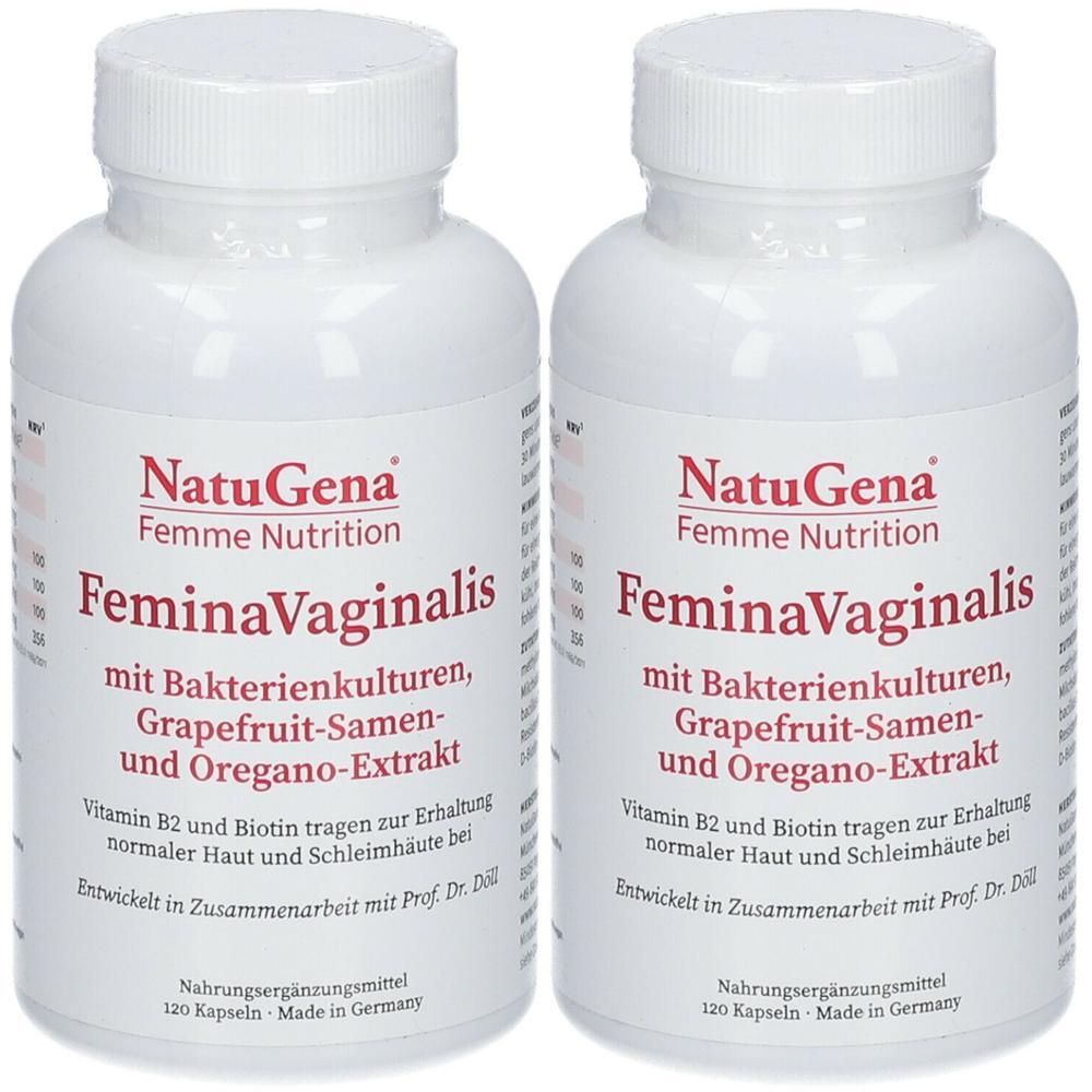 Zwei weiße Flaschen mit Schraubverschluss. Aufschrift: NatuGena FeminaVaginalis. Enthält Bakterienkulturen, Grapefruit-Samen und Oregano-Extrakt.