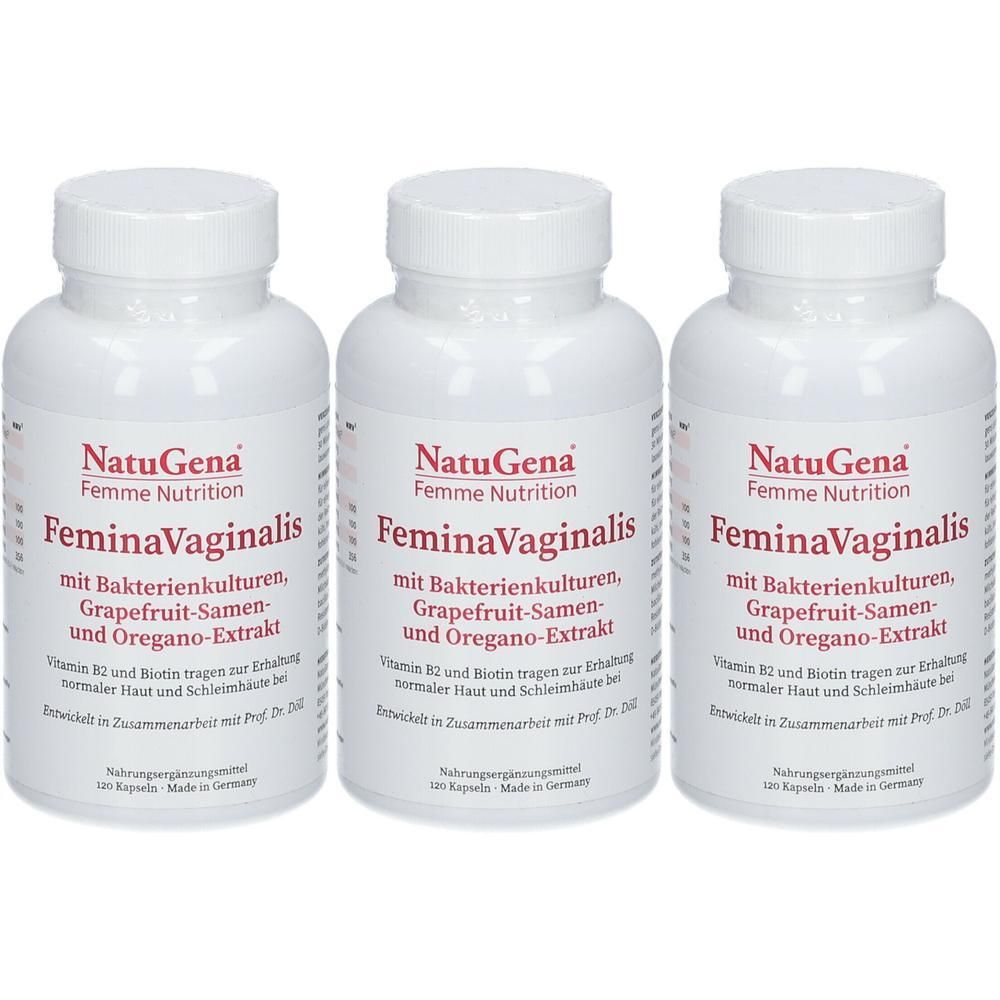 Drei weiße Flaschen mit Schraubverschluss. Aufschrift: NatuGena FeminaVaginalis. Enthält Bakterienkulturen, Grapefruit-Samen und Oregano-Extrakt.