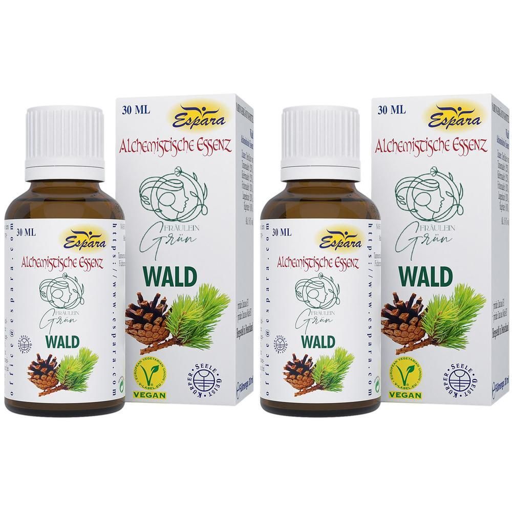 Zwei braune Glasflaschen mit weißen Deckeln und Etiketten. Daneben zwei weiße Kartons mit Produktinformationen und Logo. Aufschrift: Fräulein Grün WALD.