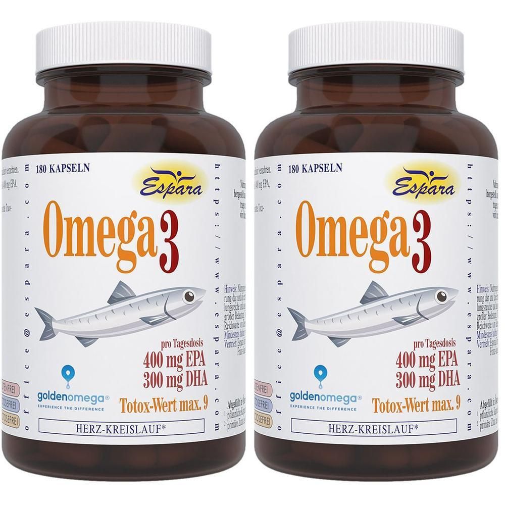 Zwei braune Flaschen mit weißen Deckeln. Auf den Etiketten steht "Omega 3" und "goldenomega". Enthält 180 Kapseln.