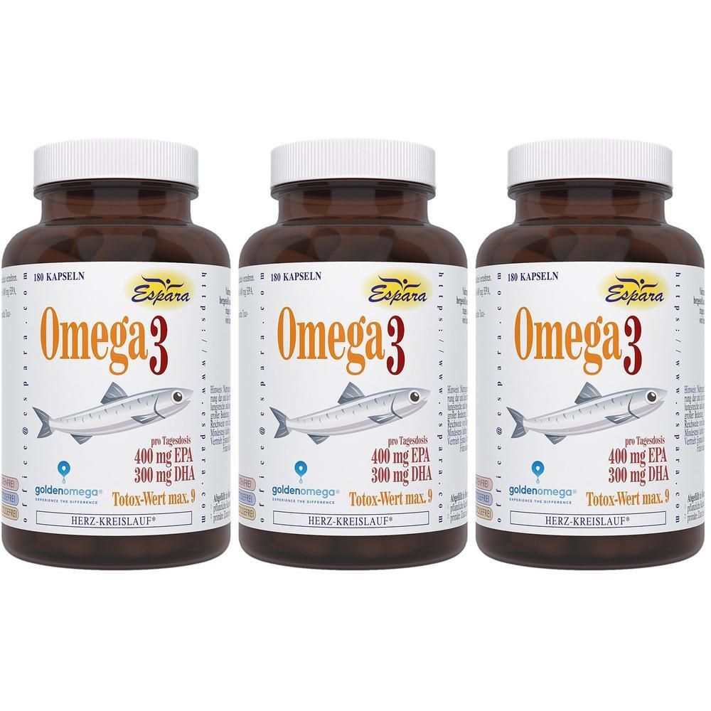 Drei braune Flaschen mit weißen Deckeln. Auf den Etiketten steht "Omega 3" und ein Fisch. Text: "400 mg EPA, 300 mg DHA".
