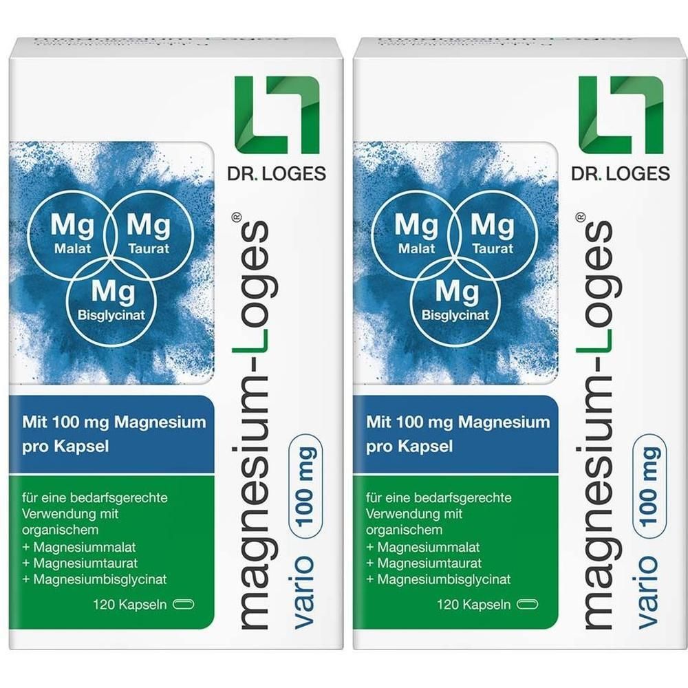 Zwei Packungen Magnesium-Loges vario 100 mg. Weiße Schachteln mit grünen und blauen Elementen. Text: Mg Malat, Taurat, Bisglycinat.