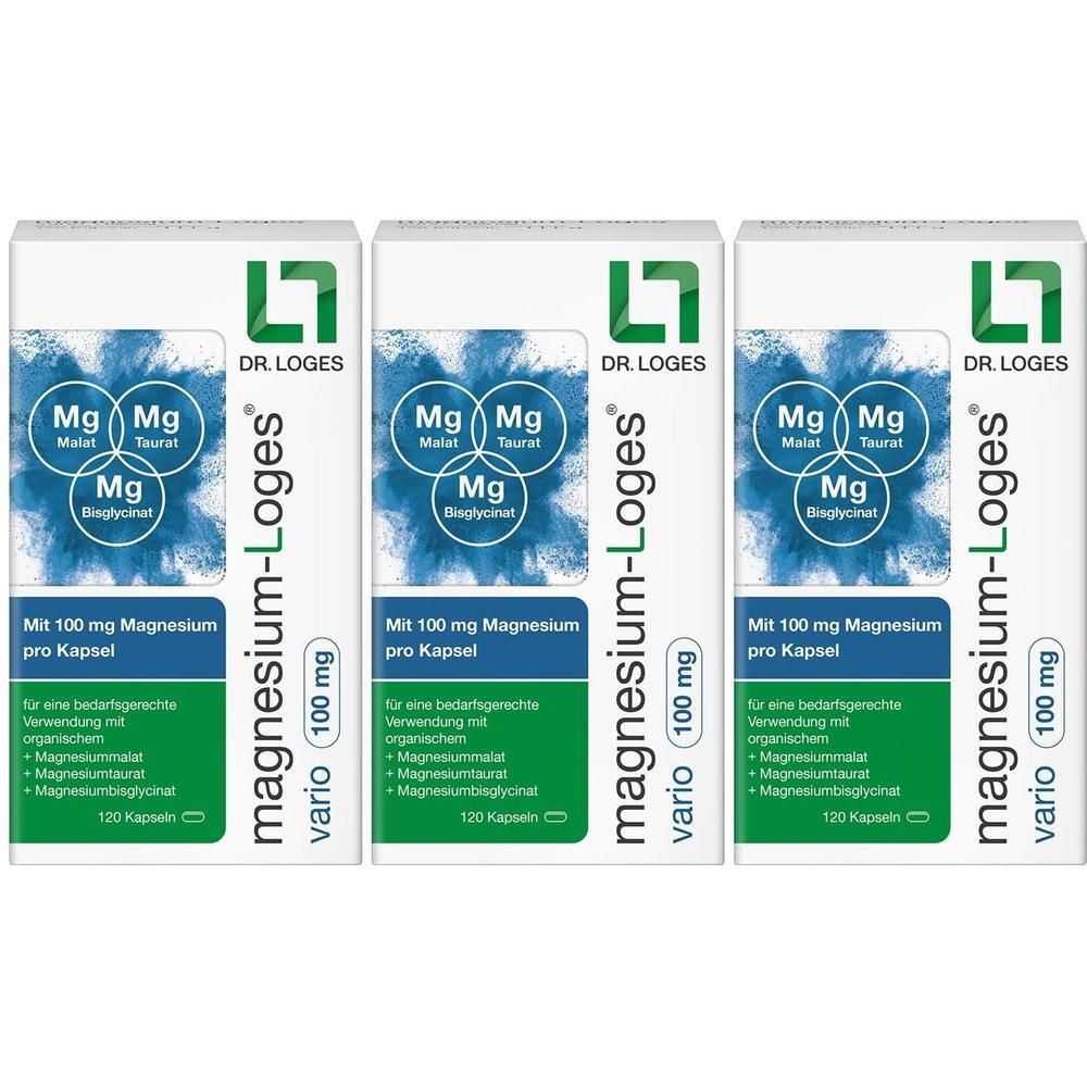 Drei Schachteln magnesium-Loges® vario 100 mg. Auf jeder Schachtel steht: Mg, Malat, Taurat, Bisglycinat, 100 mg Magnesium pro Kapsel, 120 Kapseln.